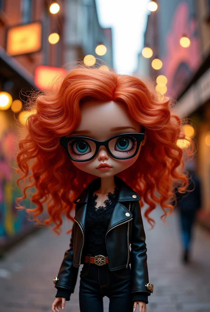Blythe doll with red curly hair, wearing black glasses and black clothes