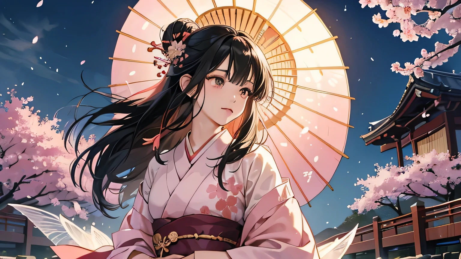 Create an ethereal cherry blossom fairy in a traditional Japanese style, set in a serene, ancient Japanese garden. The fairy stands gracefully under a canopy of full-bloomed cherry blossoms, surrounded by a scattering of pink petals. In the background, a red torii gate and stone lanterns add a mystical atmosphere. The fairy has long, flowing black hair styled in a traditional Japanese updo, adorned with kanzashi hairpins and cherry blossom accessories. She wears a delicate kimono in soft pink and white hues, with sakura patterns and subtle gold embroidery. Her transparent wings resemble delicate washi paper with sakura motifs subtly embedded. The fairy's expression is gentle, with a serene smile and cool, tranquil eyes. She holds a traditional Japanese umbrella or a sakura branch, her movement poised and elegant. Soft moonlight or the glow from stone lanterns illuminates her, creating a magical and tranquil atmosphere, with colors mainly in soft pinks, whites, and hints of deep red and gold.