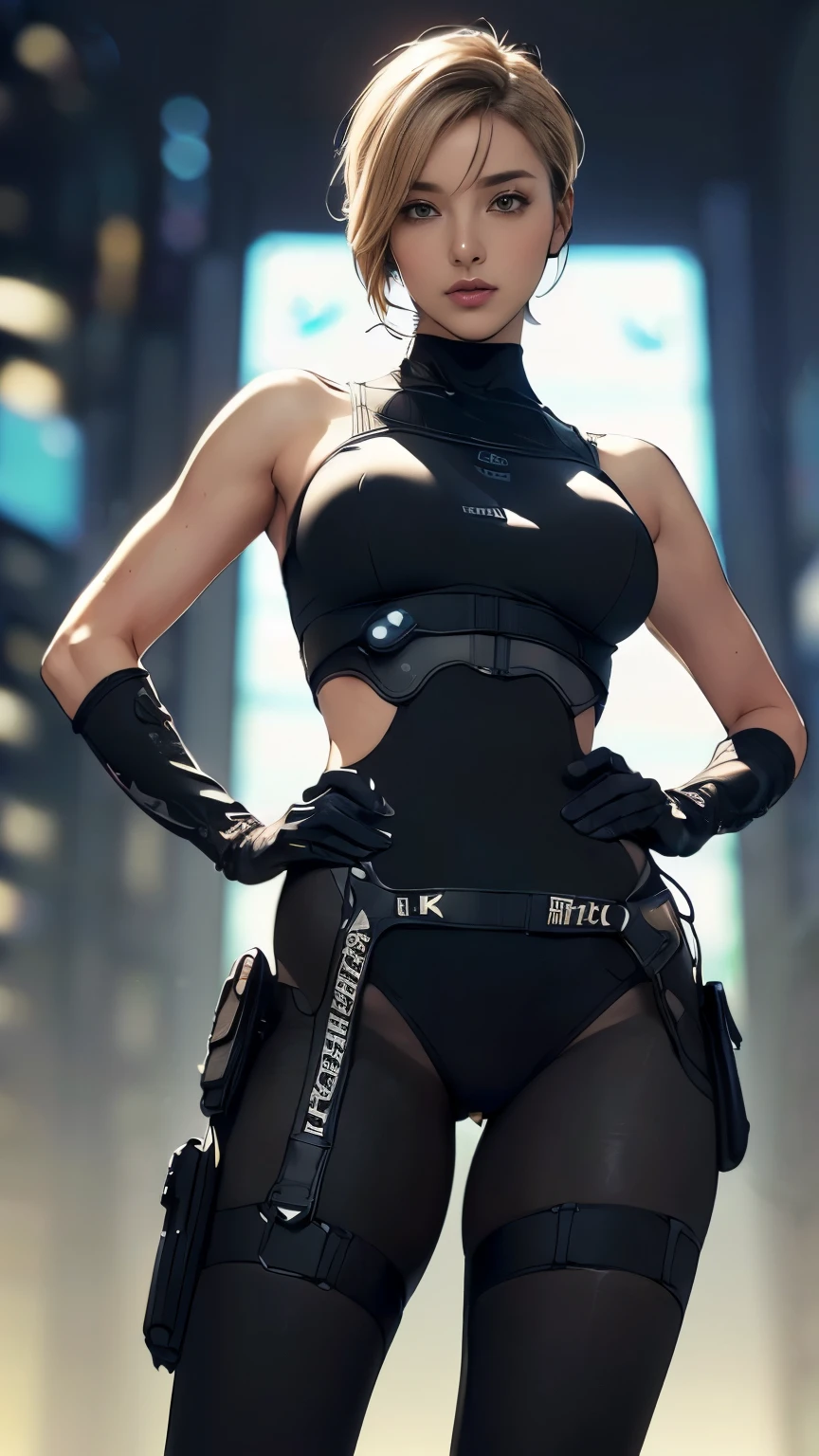 (A woman),(((Future female police officer standing))),((Black Tactical Tights:1.5)),((Camel toe:1.5)),((earphone:1.5)),((Tactical Holster:1.5)),(Gloves:1.5),(((Hands on hips:1.5))),(front:1.5),(From below:1.2),(Super short hair:1.5),(Blonde:1.5),(beautiful eyes:1.3),(Very detailedな顔:1.5),((Very detailedな女性の手の描画:1.5)),((muscular:1.5)),(Sexy look:1.5),((Thick thighs:1.5)),(Beautiful Body:1.5),((Very sensual:1.5)),(The backdrop is a futuristic city:1.5),(Cyberpunk atmosphere:1.5),(((Blurred background:1.5))),(Written border depth:1.5),rest(((masterpiece:1.5),(best quality:1.5),(Very detailed:1.5),(high resolution:1.5),(Practical:1.5),(Practical:1.5),(Delicate depiction),(carefully drawn))),8K,wallpaper