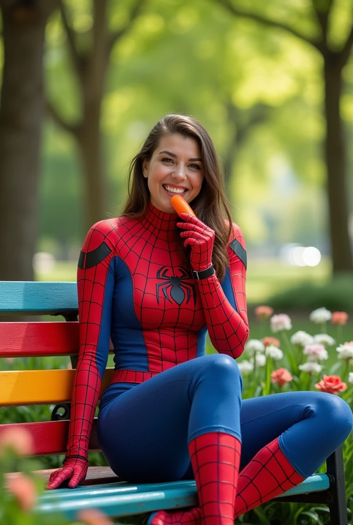A woman dressed as Spiderman, overweight eating a carrot
