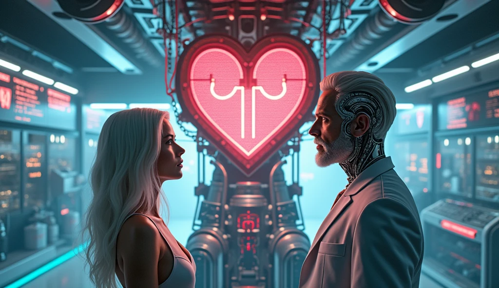 A beautiful, long-haired white cyborg woman and a handsome, short-haired white cyborg man stand together in a laboratory, looking at a love machine with a giant chained heart.