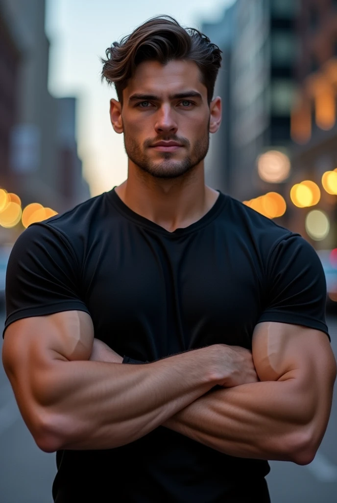 Good looking Tall man with big muscles, black shirt, crossed arms, blue eyes and black hair