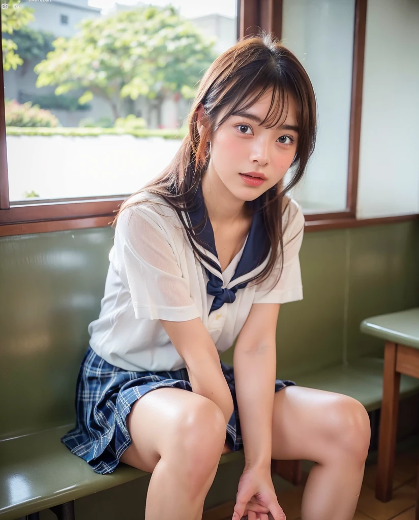 (natta:1.7), In a school classroom, 1 womanl,Selfie,((Women in love:1.3)),kiss,I am sitting on the desk.,((Realistic skin without makeup:1.5)),((Bare breasts and thighs visible through gaps in clothing)),(Underwear partially wet with sweat stains:1.3),Small head,((The light shines through the clothes, revealing the lines of your body.:1.5)),((I'm holding my knees:1.5))、((Beautiful thighs:1.2))、I'm opening my mouth a little、(Erect nipples:1.2), brunette color hair、ponytail,((innocent)),（hair between eye）, Lip flap, ,Beautiful fingers,Beautiful long legs,Beauty Body，Cute nose，Beautiful character design，perfect  eyes，face perfect，looking at viewert，（Innocent_Big_eyes：1.0）,（light_Smile：0.3），((In the middle of taking off your underwear:1.2))、((Bold Pose))、Open atmosphere、Intimate atmosphere、Half-taken clothes、Shy expression、Embarrassing、((Her clothes are disheveled and her skin is showing))、offcial art，Very detailed CG Unity 8k wallpaper，Perfect litthing，highly colorful，Bright_front_Face_Lighting，（tmasterpiece:1.0),(Best_quality:1.0), 超A high resolution,4K,ultra - detailed, photography of, 8k, nffsw, hight resolution, absurderes:1.2, Kodak portra 400, film grains, the background is blurred, bokeh:1.2, Lens Flare Glow, ( Vibrant_colour:1.2) (Beautiful,Large_breasts:1.4), (Beautiful_Face:1.5),((full body)),8k,Raw photo, 、Relax at a shool in Japan, (Girls are not subjects:1.3) (Hair after a bath:1.3),(Hair is wet:1.3) ((Girls are not subjects:1.2))((Draw a wide night background:1.2),((Japanese high school uniform:1.5)),((Wearing a simple high school uniform with a white blouse and gray plaid.:1.2)),((The background is a school classroom:1.3)),((8th class))、 ((Beautiful  ponytail:1.5)), sixteen years old、((Beautiful straight short long:1.5))、(private),(Photos taken by lovers)、(Sophia Lillis)、(Secret photos)、((Beautiful barefoot))、((Relaxed and bold posture))
