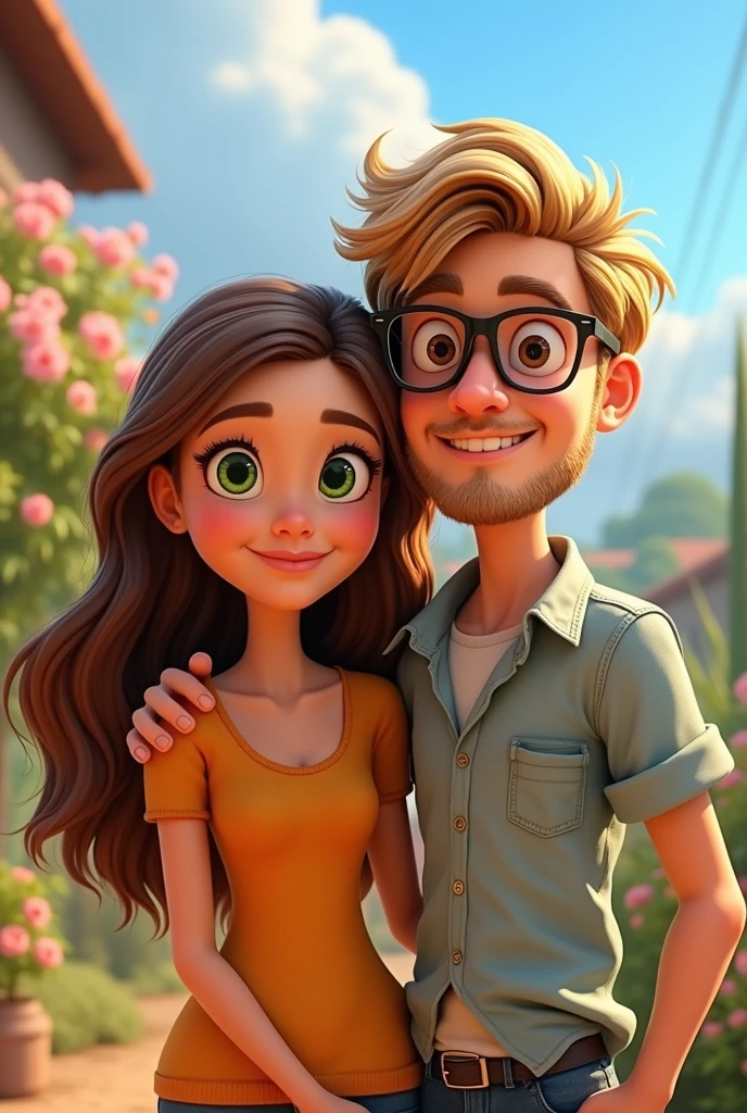 Animated figure of a mother and father, you see them from the front, a little more realistic. The woman has green eyes and brown hair, the man has blonde hair, brown eyes and glasses.