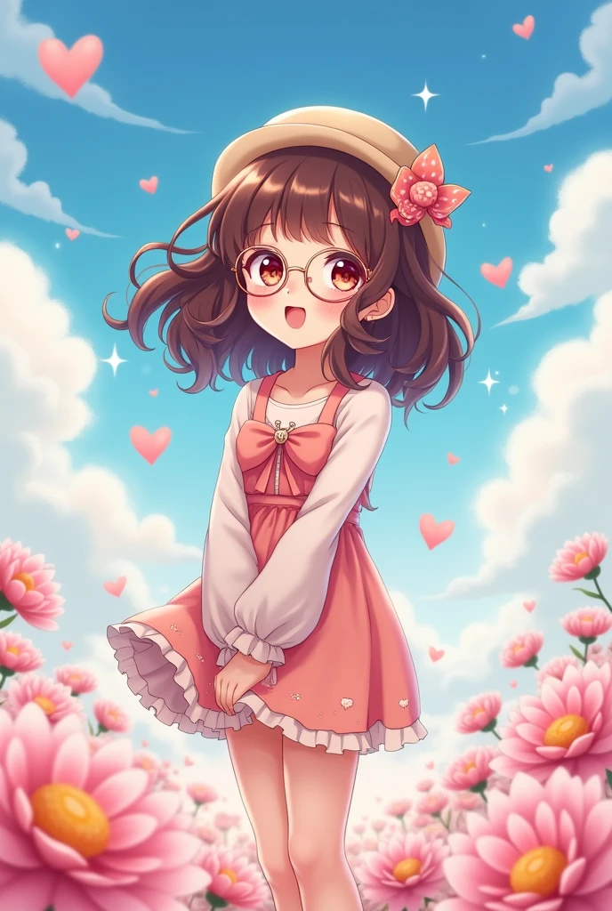 An cutecore brunette, with curly hair and glasses anime hot woman
