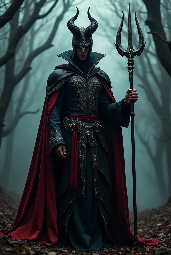 A man in a black and red cape and a black and red hat with a trident in the middle