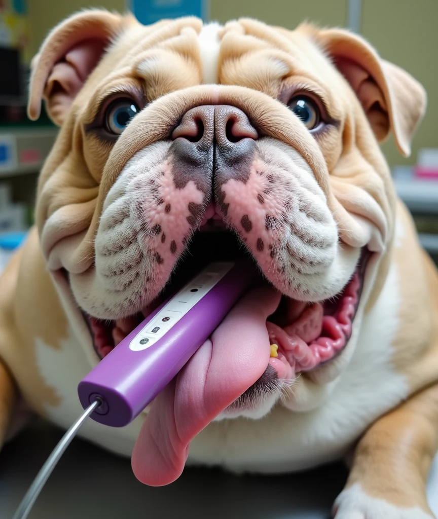 Generate an English bulldog like the one in the reference image with the same colors and clear blue eyes at a veterinarian's office with a thermometer in its mouth and a sad face.