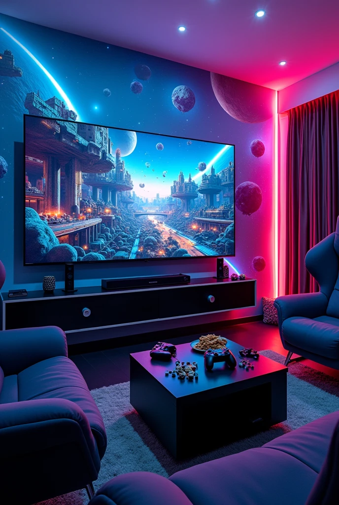 A gamer room with a big TV that has a cool wallpaper