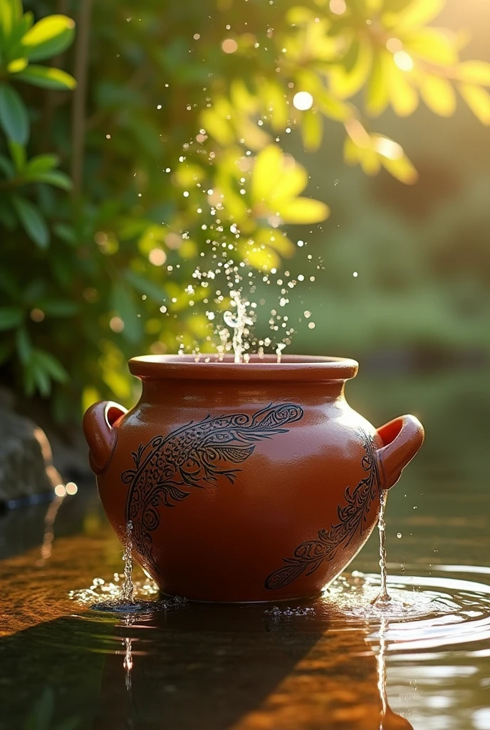 a clay pot overflowing spilling water with flash tattoo traces for tattooing