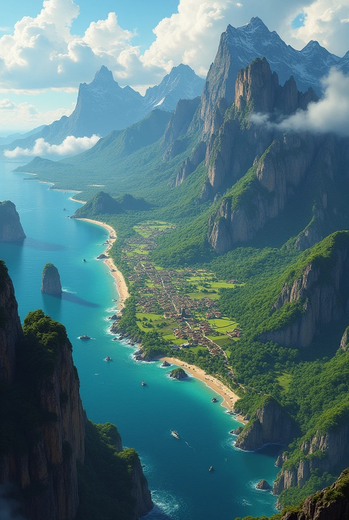 "Create a highly detailed and majestic aerial view of the fantasy country of Llyndor, showcasing its diverse geography and key locations. The eastern side of Llyndor is dominated by the towering Montanhas de Altara, with the grand city of Mont'Altara (also known as Altaris Mons) nestled within these peaks. The dense, mysterious Floresta de Ebonwood lies to the north, filled with dark trees and ancient ruins. In contrast, the lush and vibrant Floresta de Valerian is located to the west, near the coast.
The capital city of Thrynn is situated in the center of Llyndor, by the winding Rio Serpentium, and is a fortified city known for its cultural and political significance. The southwestern coastal city of Porto de Sol'Rain sits by the ocean, acting as a major trade hub with ships arriving from across the seas. The southern region of Llyndor features the vast and arid Deserto de Ashen, with expansive dunes and no visible rivers, bordered by barren, rocky terrain. Nearby, the mystical Lagos Gêmeos de Serapia reflect the sky in their crystal-clear waters, while the eerie Pântano da Névoa Negra lies to the north of Sol'Rain, covered in dense fog.
The western coast is marked by dramatic cliffs and small islands, leading into the expansive ocean known as the Mar de Brumas. The coastline includes several smaller ports and villages, as well as the mystical Penhasco do Fim do Mundo to the far west. The central regions of Llyndor are characterized by vast plains and farmlands, including the fertile Planícies do Ouro and the tranquil Campos do Sol Poente.
Capture the diverse landscapes of Llyndor from a high vantage point, ensuring the distinct regions like the eastern mountains, northern and western forests, central plains, southern desert, and western ocean are all clearly represented. The image should convey the rich history, cultural diversity, and mystical elements that define Llyndor, with no text or labels included."
