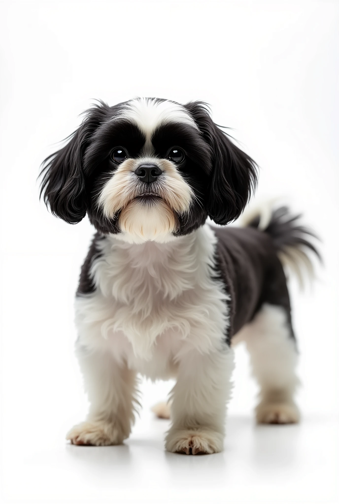 (8k, CRU photo, highest quality) (((full body shot:1.3))), small breed dog, Shih Tzu, with fur in black (deep black) and white colors. Ensure that the entire body of the dog is fully visible within the frame, with no parts cut off. The background must be completely white, like a studio backdrop or transparent, with no details or distractions, only a plain white surface. (((dynamic pose:1.3))), ((movement pose:1.2))), soft lighting, cinematic lighting, realistic fur, ((pores)), ((high detail fur)), light volumetric, hyper-realistic, vivid details, clear as crystal, 8K UHD, ultra photo realism, best quality, work of art, extremely detailed CG, unity, wallpapers (realistic, photorealistic: 1.37), shining, fine-details, correct body structure, (((Depth of field:1.5))), (((atmospheric perspective:1.4))).