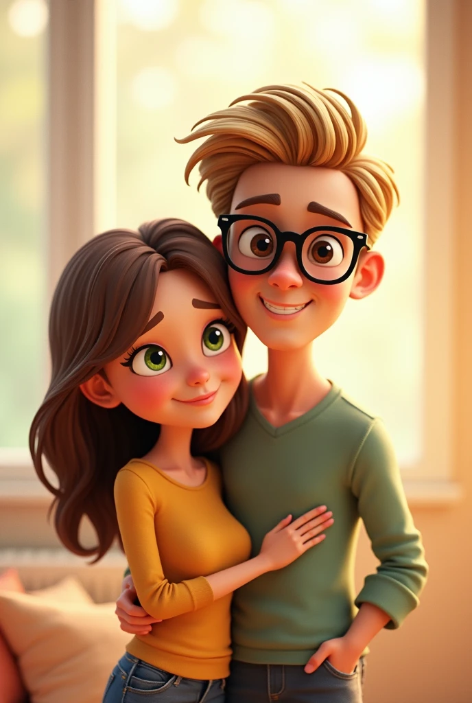 Animated figure of a mother and father, you see them from the front, a little more realistic. The woman has green eyes and brown hair, the man has blonde hair, brown eyes and glasses.