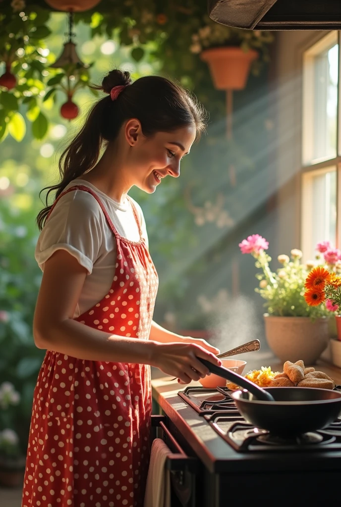 the mother, polka dot dress, Prepare lunch on the wood-burning stove, Simple house in the garden