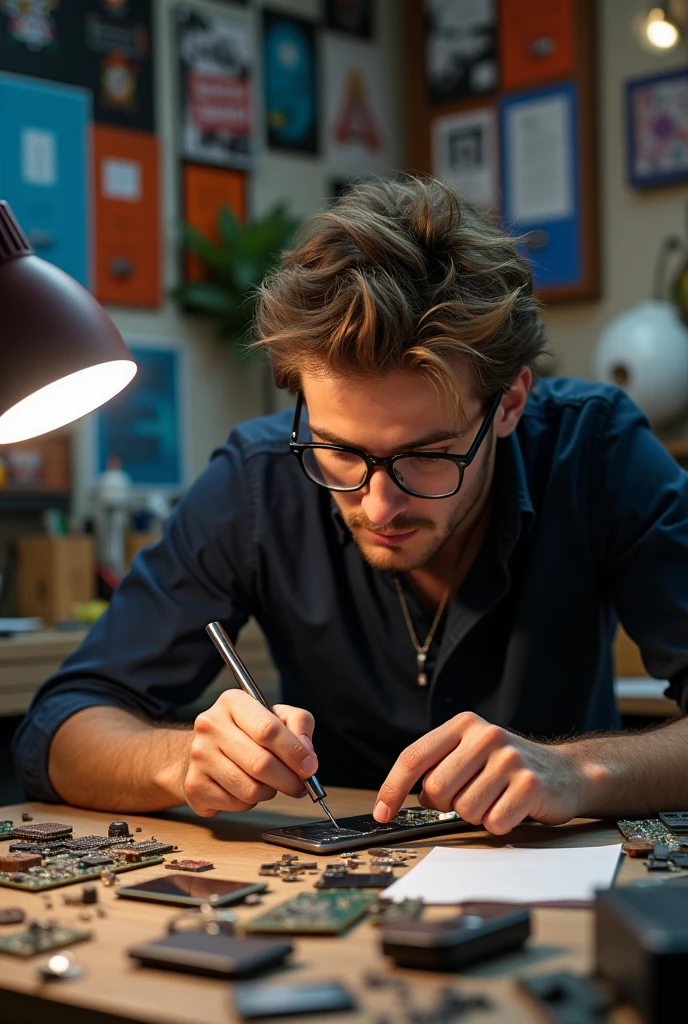 He's fixing the Android smartphone with a screwdriver in his hand.