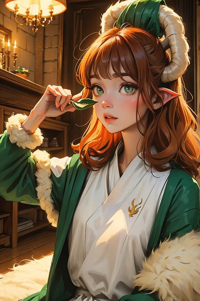dungeons and dragons satyr.  white deer horns. curly ginger hair. dark green eyes. casual clothes.