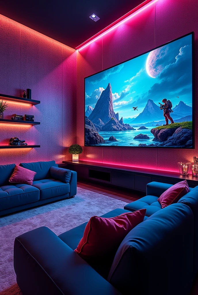 A gaming room with a giant television that has a cool wallpaper