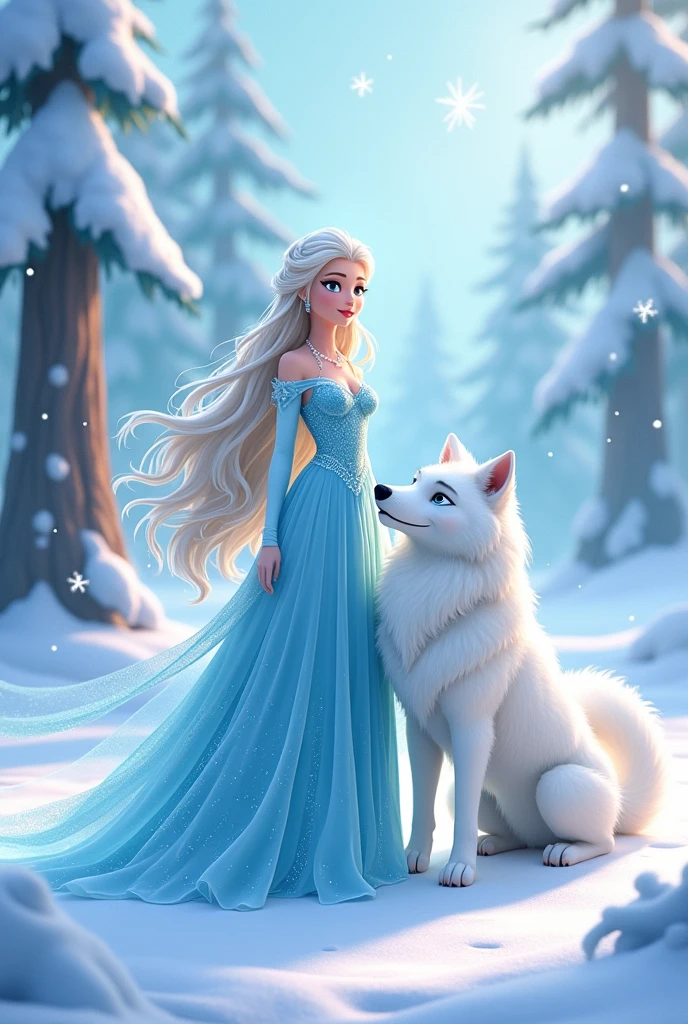 CARTOON OF ICE PRINCESS GIRL IN LIGHT BLUE DRESS WITH WHITE WOLF