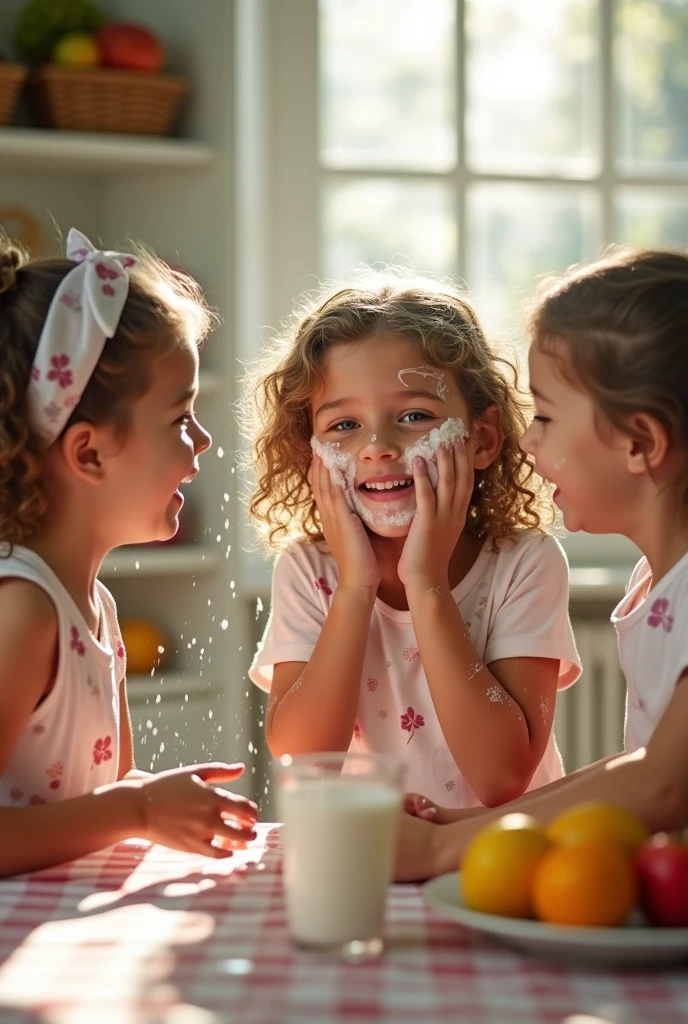 a girl gets splashed with milk in the face