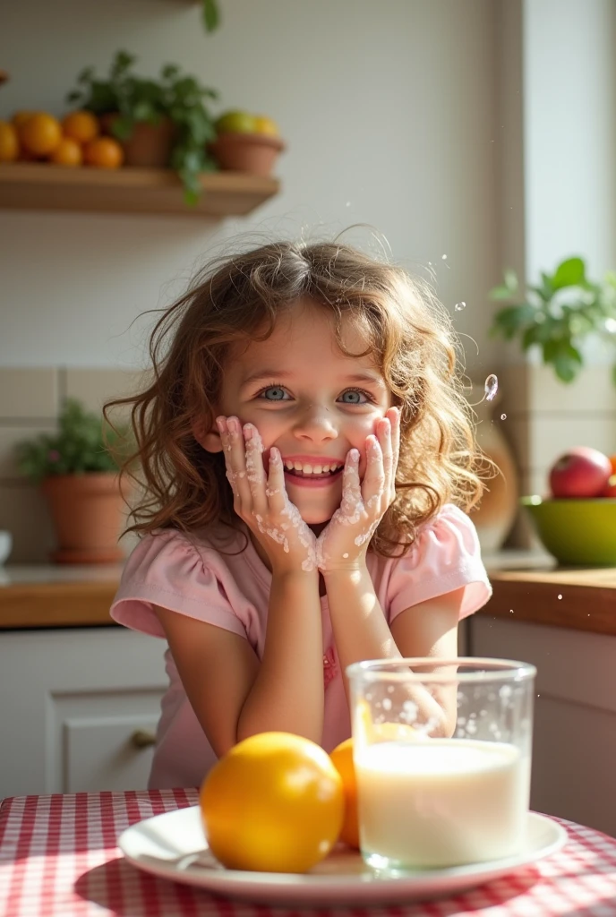 a girl gets splashed with milk in the face