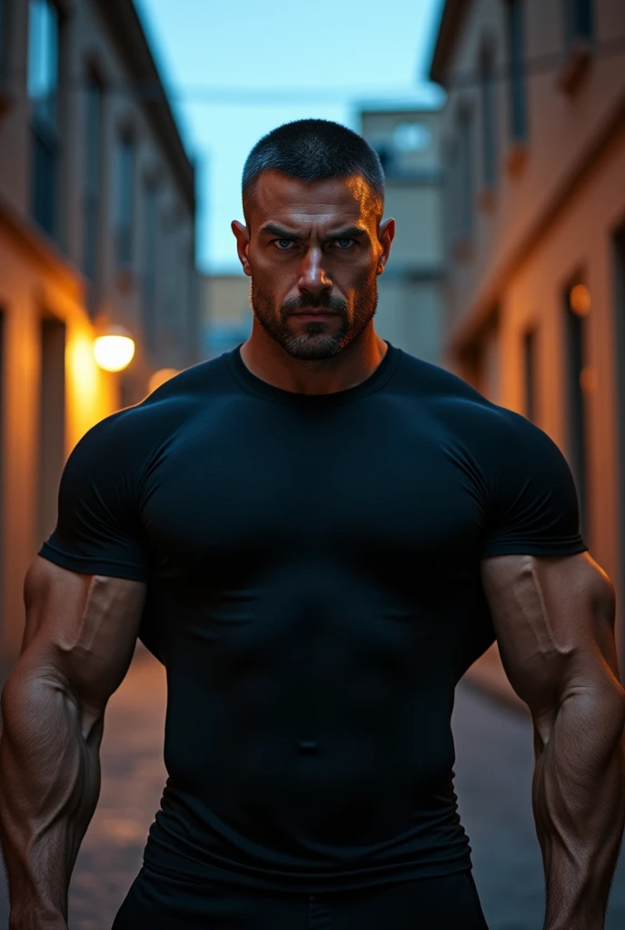 Tall man with huge muscles, black shirt, crossed arms, blue eyes and short black hair