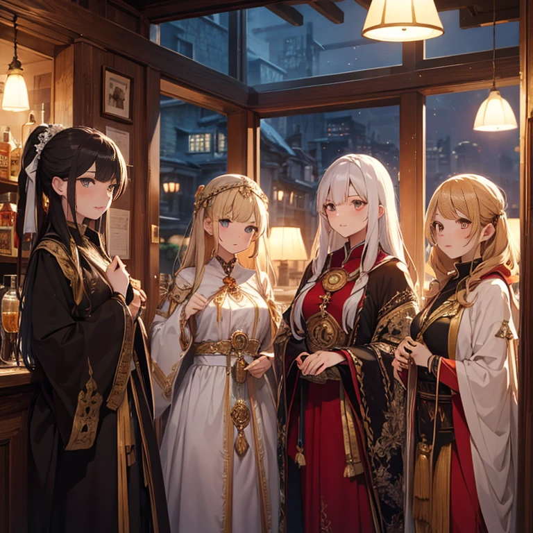 A group of  priestess, (in tavern), various hair styles, harem, night, details face, seducing, ceremonial outfit, multiple girls