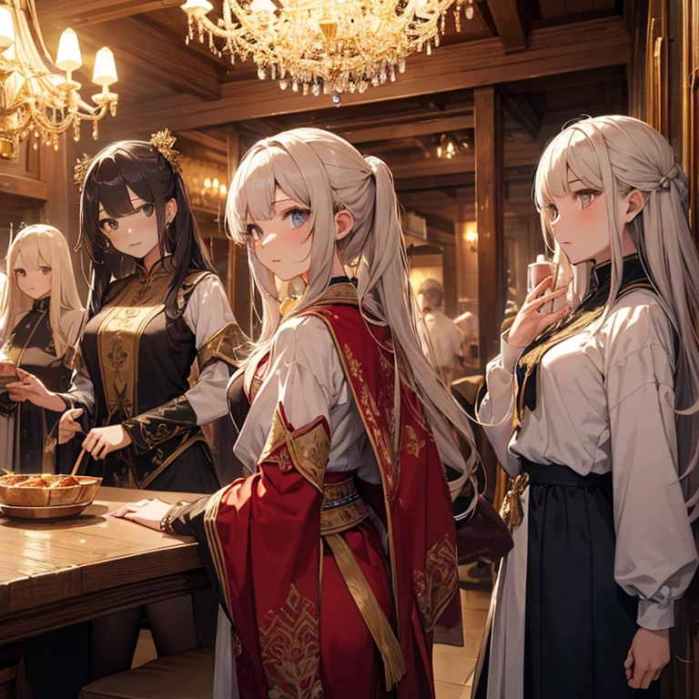 A group of  priestess, (in tavern), various hair styles, harem, night, details face, seducing, ceremonial outfit, multiple girls