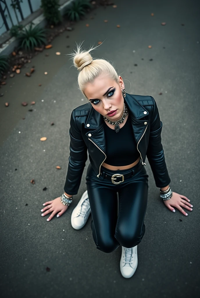 russian milf, platinum blonde hair in top bun ,with very light blue eyes, pale, heavy eye shadows. Wearing black moto jacket, cropped metal band t-shirt, black leather jeans and white tennis sneakers. Lots of metallic braceles and collars. Tacky leather belt with oversized buckle. Wide loop earrings. Scared face. Lying on the ground. Seen from above