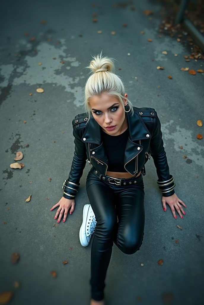 russian milf, platinum blonde hair in top bun ,with very light blue eyes, pale, heavy eye shadows. Wearing black moto jacket, cropped metal band t-shirt, black leather jeans and white tennis sneakers. Lots of metallic braceles and collars. Tacky leather belt with oversized buckle. Wide loop earrings. Scared face.  Lying on the ground. Seen from above 