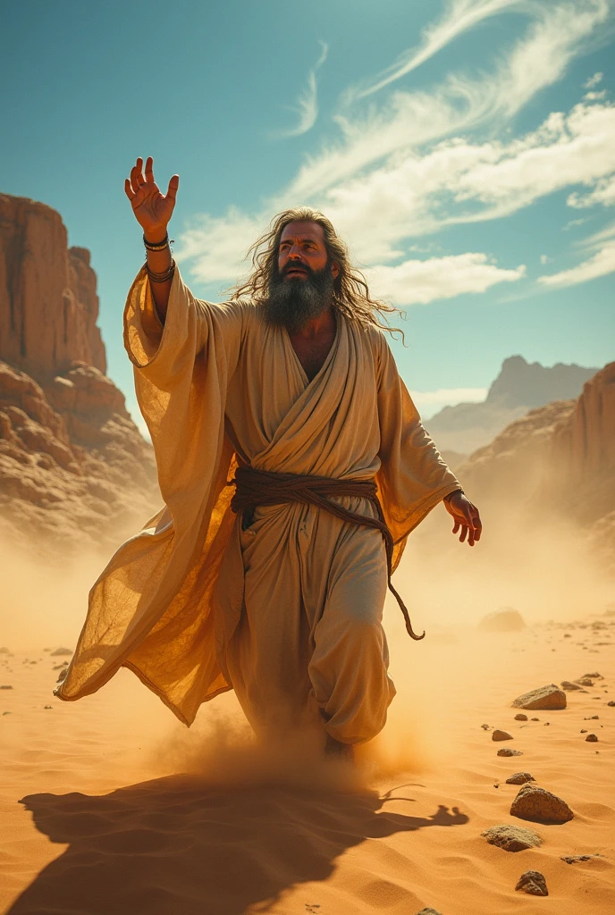 Holy man dressed in sackcloth fighting in the desert
