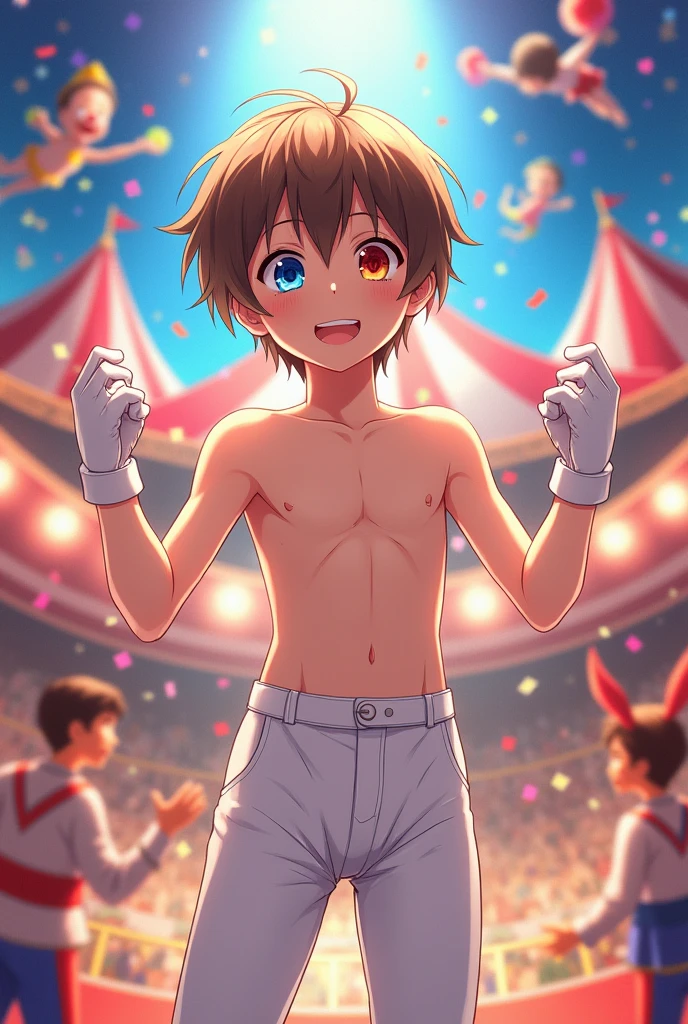 boy of average height, short, straight brown hair, eyes of different colors, one blue and the other orange-red, He's not wearing a shirt, and he's not very skinny, and he's wearing white pants, he's also wearing white gloves, he's in a circus show. anime style.