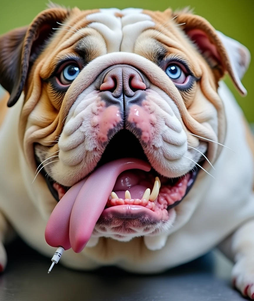 Generate an English bulldog with a sad and sick face like the one in the reference image, with the same colors and clear blue eyes, in a veterinarian's office with a thermometer in its mouth and a sad face.