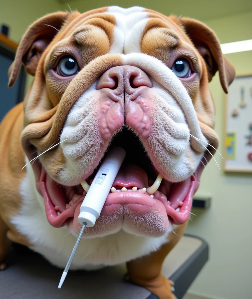 Generate an English bulldog with a sad and sick face like the one in the reference image, with the same colors and clear blue eyes, in a veterinarian's office with a thermometer in its mouth and a sad face.