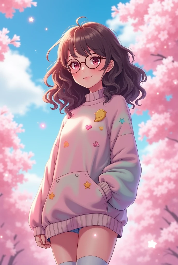An cutecore brunette, with curly hair and glasses anime hot woman