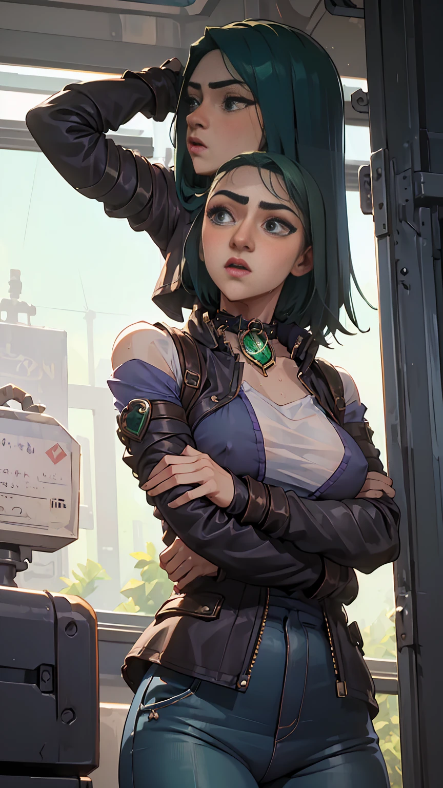 NFSW,newest, ai-generated, intricate details,, (embarrassed,blush),(aroused fece),,naughty face,masterpiece,((steam)),((sweat)),very high quality, 4K,1girl, mature girl, mature,gal,GAL, aroused,(emerald light green hair:1.3),short cut hair,small fusion medium tits,nobra,braless,(curvy body),(((shinny purple eye))),((off-the-shoulder leather jacket)),((fishnets tops)),((sexy long sleeve big fishnets ups tops)),(((very shinny wety tight skinny jeans))),choker,hairclip,tuck in shirt,ear piercing,((nipples hard poking see through)),full body shot,((standing pose)),(trembling),(((in train))),perfect hand,(put your hands behind your head),((under wear panty g-string exposed)), fishnet top,fishnets