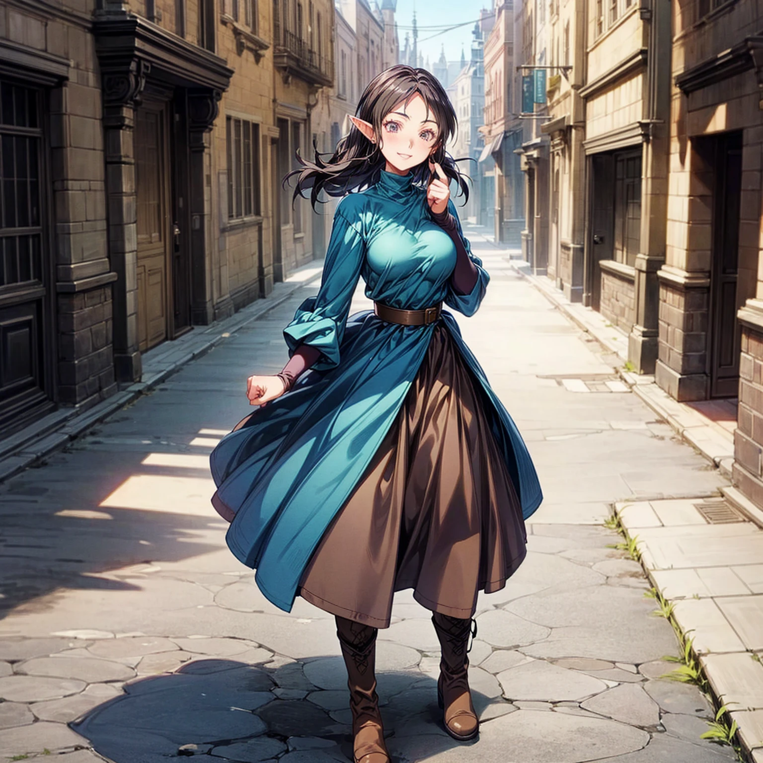 Solo character, full body version, old girl, (elf), black eyes, black color hair, long haircut, blue dress clothing, brown jeans, boots, Hoop earring, outdoor, town, medieval, standing gesture, detailed background, detailed clothing, detailed hair, (Hunter x Hunter style art, Doraemon style art), medium breast, happy eyes, smile mouth 