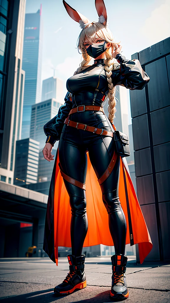 
"Create a female character in a futuristic environment, With a detailed appearance and striking style. She should be wearing a white mask with rabbit ears, Which gives her a mysterious and somewhat playful appearance. The mask should have subtle details that suggest a touch of technology or futuristic functionality.

The character's hair should be blonde, smooth ass, And be tied in a long braid that goes down her back. Dress her in a vibrant orange T-shirt, Slightly worn. Underneath the t-shirt, She should wear a long black sleeve that covers her arms.

The character should be wearing black pants with utility details, As extra bags, buckles, And orange belts with the word 'Boom' inscribed on them, Adding a military touch to her look. She should also wear black and yellow athletic boots with a robust and futuristic design, Complementing her outfit with practical and functional accessories.

The character's pose should be standing, com uma postura confiante, Suggesting readiness and determination. The background should be dark with soft lighting that highlights the colors of the costume and the details of the mask, While the environment around suggests a futuristic and slightly dystopian urban space, With highlights and shadows."
