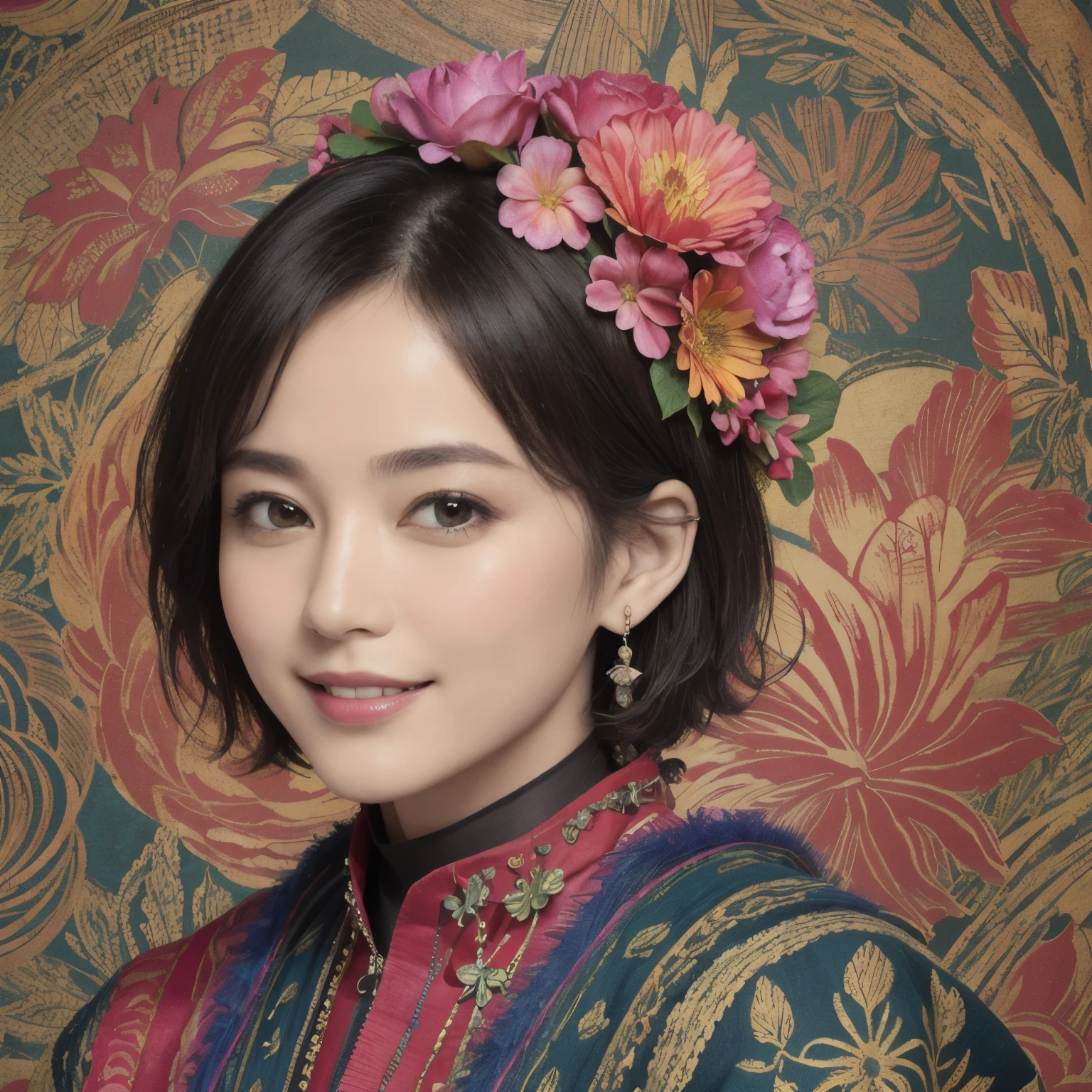 272 (20-year-old woman,short hair), (masterpiece, Highest quality, beautiful:1.2), Very detailed, (Fractal Art:1.1), (colorful:1.1), (flower:1.3), whole body, (Abstract background:1.3), (Many colors:1.4), (Old-fashioned smile), (Hawaii)