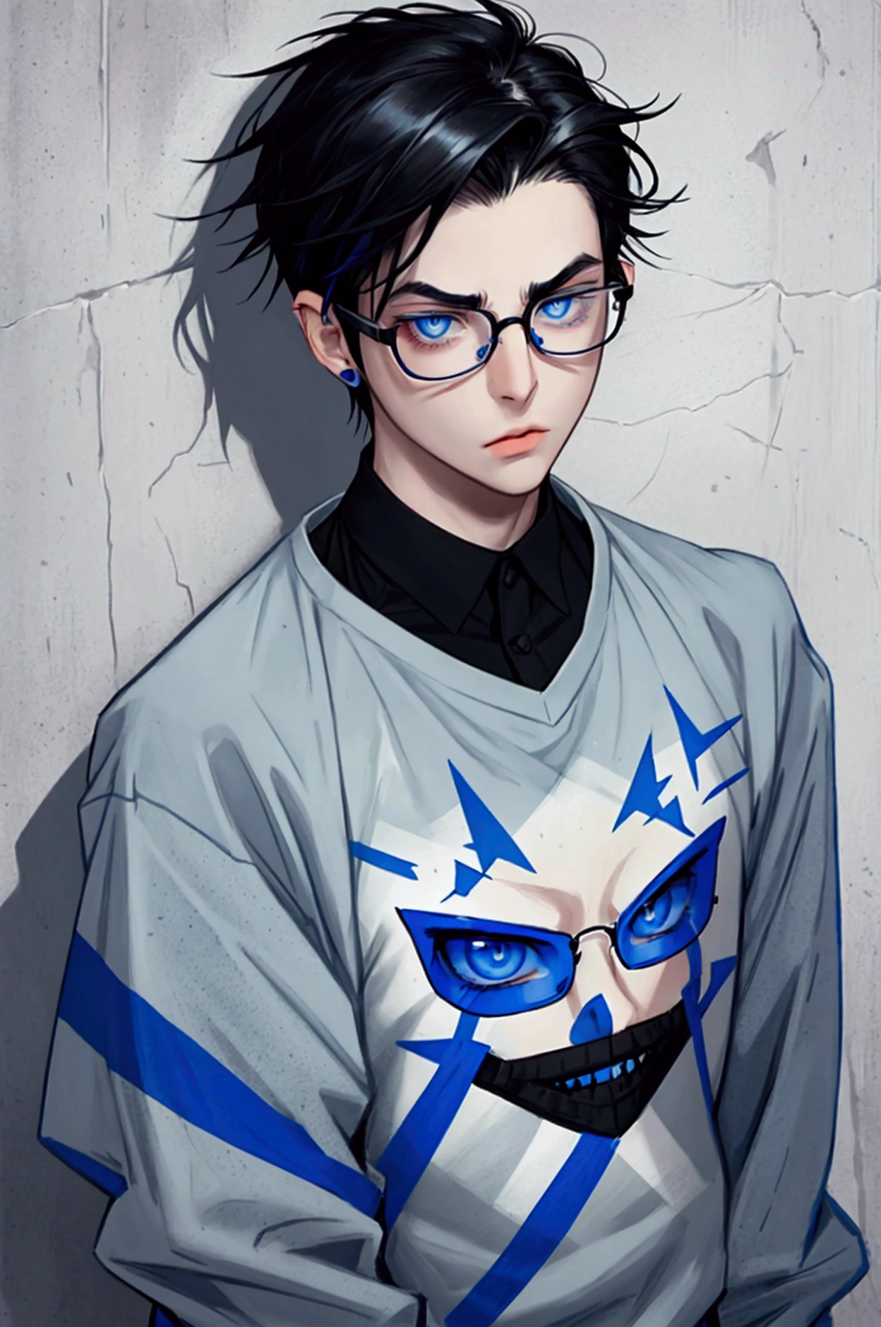 Cute nerd emo boy with black hair that reaches his shoulders, an emo cut that covers a bit of this cute face, he wears nerdy glasses, his skin is pale and he has an eyebrow piercing and a lip piercing, he has cute blue eyes and wears emo clothes. Submissive face.