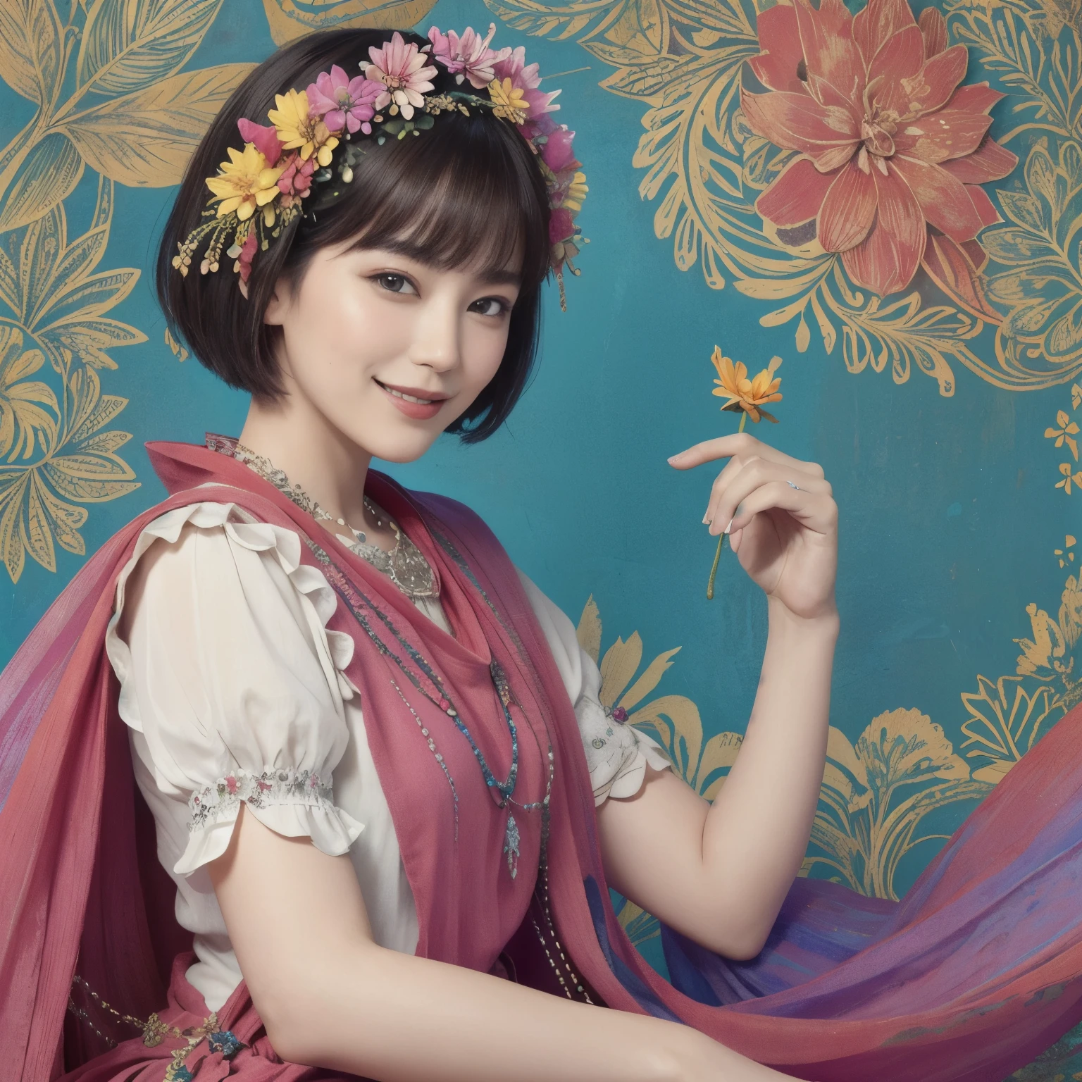 272 (20-year-old woman,short hair), (masterpiece, Highest quality, beautiful:1.2), Very detailed, (Fractal Art:1.1), (colorful:1.1), (flower:1.3), whole body, (Abstract background:1.3), (Many colors:1.4), (Old-fashioned smile), (Hawaii)