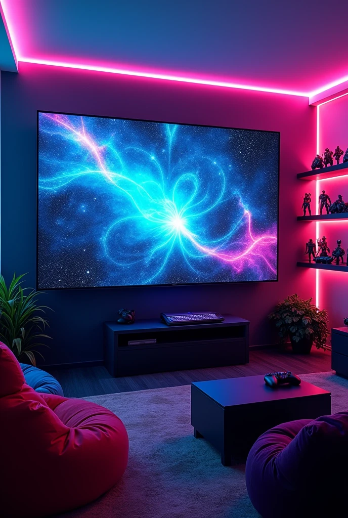 A gaming room with a giant television that has a cool wallpaper