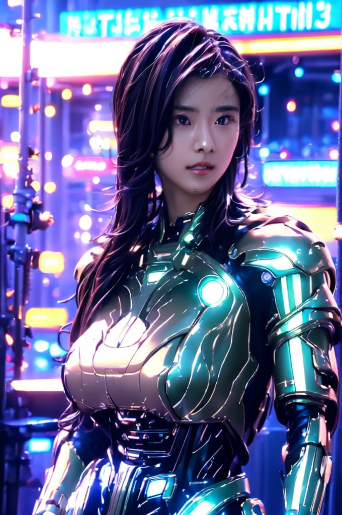 Highest quality, masterpiece, figure, (Realistic, photo-Realistic:1.37), wonderful, In detail, Incredibly absurd, Large file size, Very detailed, High resolution, Very detailed CG Unity 8k wallpaper, Very detailed目と顔, Ray Tracing, Browsing Caution, NUDE, One girl, Korean cyborg girl is innocent and young々Has a sly expression. She poses boldly with her arms raised above her head, Revealing her voluptuous figure. She is wearing a small black mecha armor top that barely covers her breasts., Exposing most of her flawless skin. Her shoulders and head have more armor detailing.、There are shining highlights, Tech Panels and Mechanisms. She is standing against a futuristic cityscape lit up with vibrant neon lights.、Standing full of energy。.