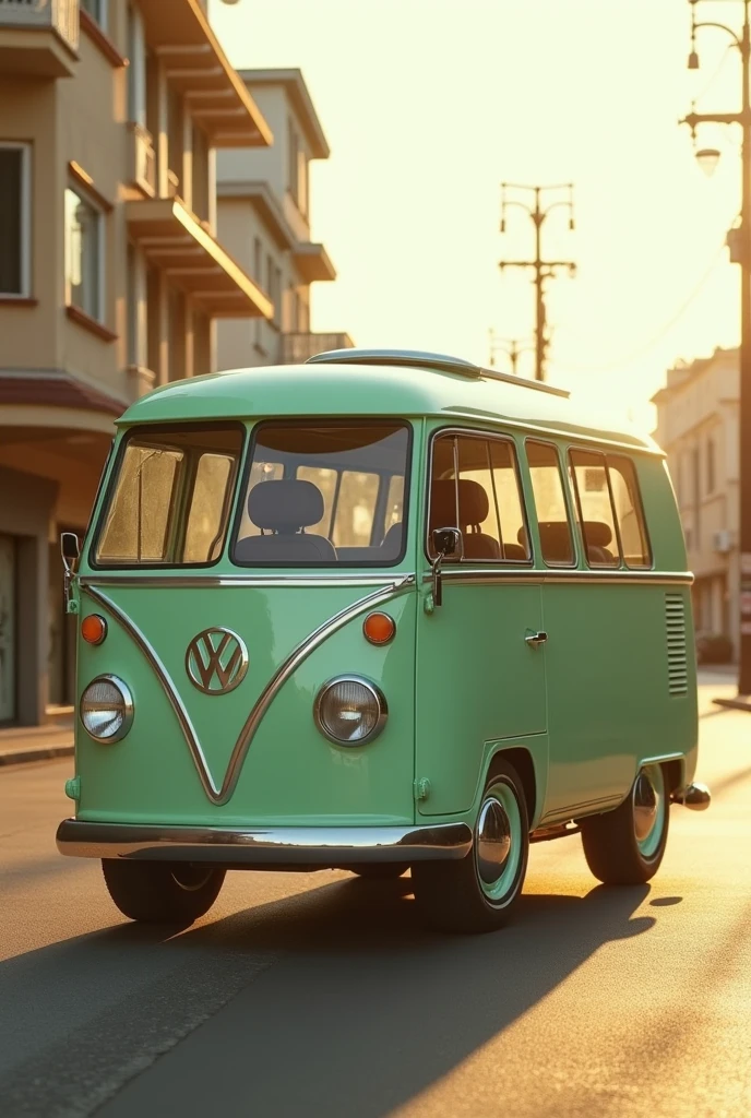 Modern van with pastel green color that evokes nostalgia, launching in 2023, front engine with a longer front, with cozy interior, leather seats, modern wheels