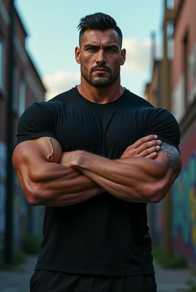 Tall man with huge muscles, black shirt, crossed arms, blue eyes and black hair