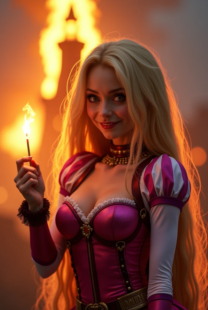 (photorealism:1.2), In this cinematic masterpiece, Disney's Rapunzel as DC's harley quinn approaches the viewer with triumph, her long blonde hair aglow with fiery streaks as it waves in the light. The burning Tower looms ominously behind her, against which her amused expression is starkly rendered. holding a burning match. Soft, warm lighting and 8K Ultra HD detail capture intricate artwork and seamless color transitions. A 50mm lens at f/2.8 creates a shallow depth of field, drawing focus to Rapunzel's determined pose amidst the photorealistic scene, harley quinn makeup and hairstyle, evoking the style of Walt Disney.