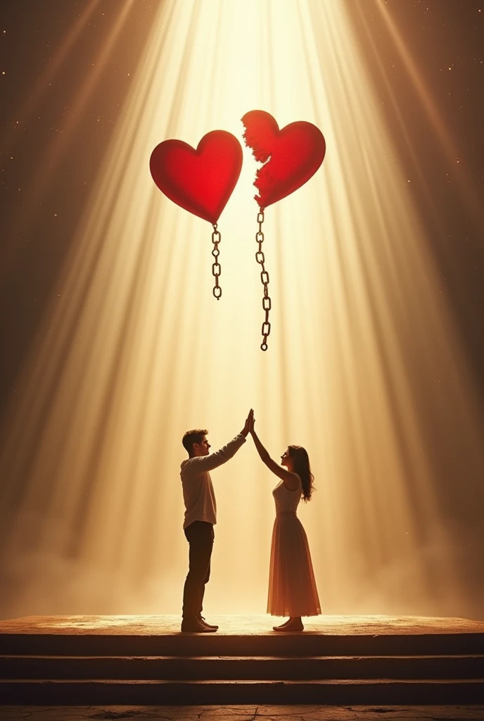 Create a clear, not dark image of a man on one stage and a woman on another stage.. Separated with sadness and courage. They raise their arms and break the great chains of the cycle of violence, emotional abuse and psychological mistreatment. They are getting divorced. 
Their red hearts are broken. 