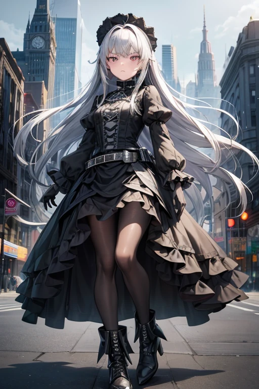 ((best quality)), ((masterpiece)), (detailed), 1 girl, full body, 18 years old, depressed face, pretty face, mask, silver eyes, blushing, silver hair, long hair, spiky hair, ahoge, bangs, strand of hair covering her right eye, full body, very tall, very small breasts, flat chest, thin body, gray hood, gray wristbands, long black gloves with spikes, gray outfit, gray clothes, gray, gray gothic lolita dress, gray dress, puffy sleeve, blades on the steering wheel, metal emblem, leather belt, pale skin, black pantyhose, black shoes, walking in the city, looking at me, city background, anime