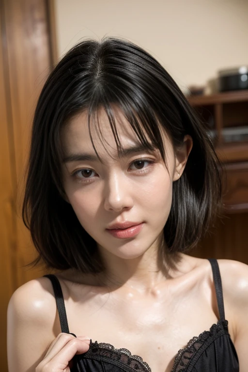 (8k、 RAW Photos、Highest quality、 High resolution:1.1)、 (超Realisticな:1.4)、(Realistic、 Realistic:1.3)、The Beauty of Japan、((Upper Body:1.3))、Grabbing baby dolls and bare skin、holding panties 、  (プレゼントとしてのDirty pantiesー)、(Detailed silk panties:1.1)、Focus Panties、(blush:1.3)、(Dirty panties:1.3)、With an embarrassed face、Bobcut、Cleavage、Covered nipples