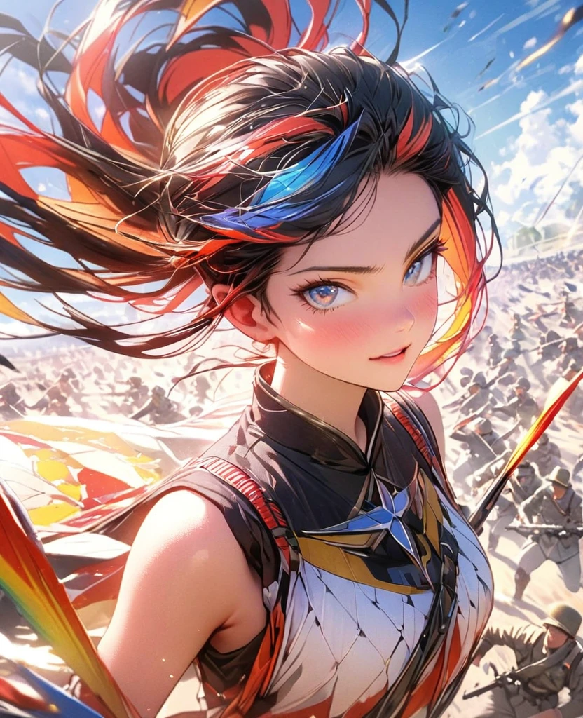8k,Vibrant beauty,Very delicate and beautiful,Beautiful and realistic skin,Black Hair、Long and colorful hair,Beautiful Eyes,good,Plains、blue sky、army、tank、battle、uniform、