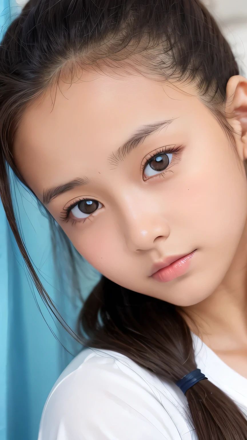 Highest quality、Realistic、、zoom、、Girl、look up、cute、Light grey eyes、Black Hair、ponytail、Forehead fully open、boyish、Tanned brown skin、Dark Skin、Light Blue T-Shirt、Eyes that see far、Face close-up、thin