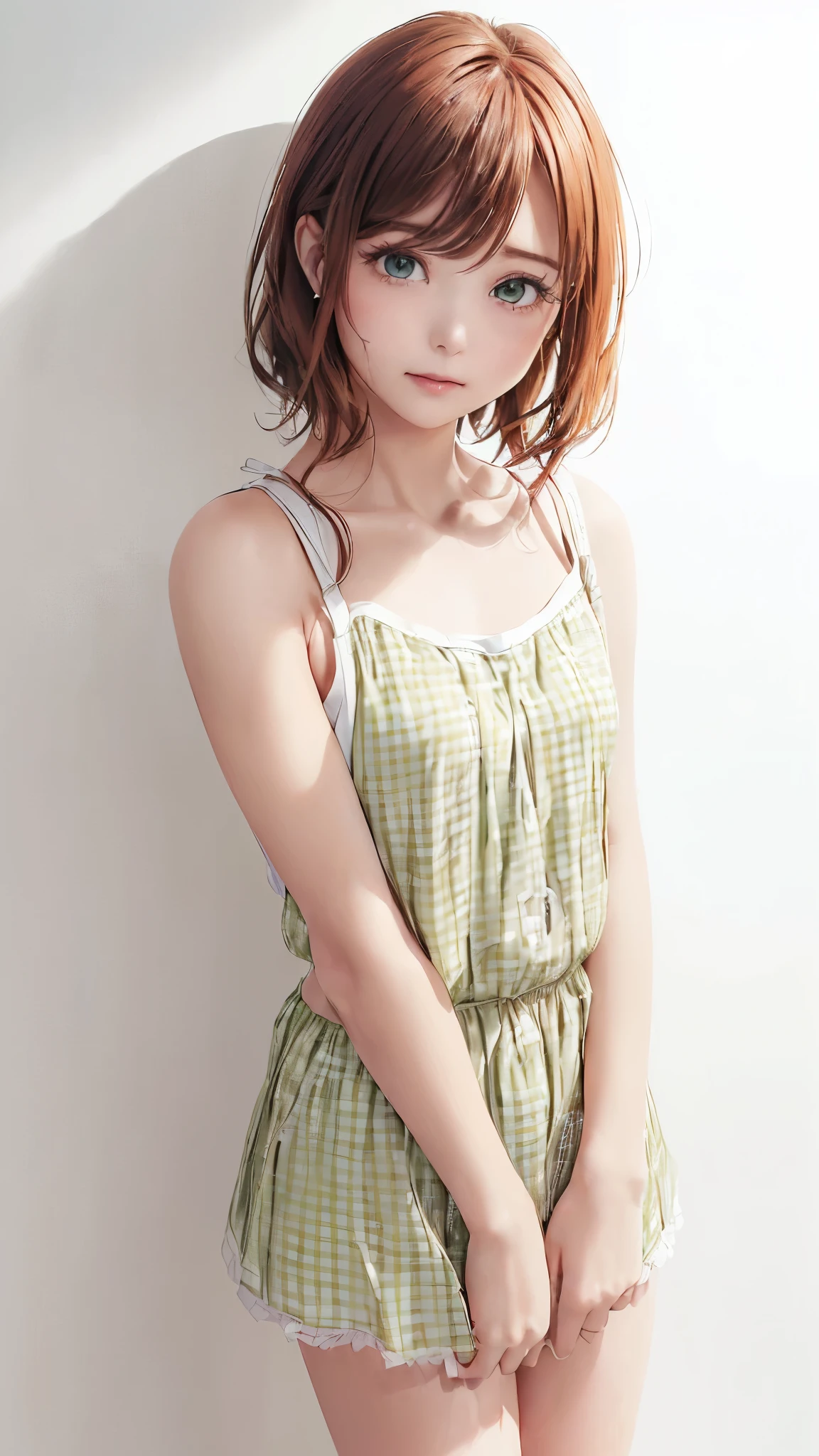 (((Cowboy Shot、Women's solo shots、Oil、Pure white wall background、masterpiece、Highest quality、High resolution)))、Redhead、Bob Hair、(((Wearing a green camisole)))、(((a gingham tank top)))、Fashionable hairstyles、Red cheeks、((No Shadow、Frame In))、Cute Face、((Small breasts))、((Has a sad expression))、((I am going to cry))、